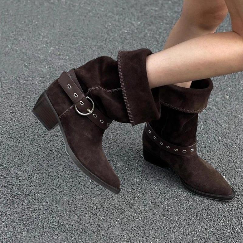Pile Boots Women's Fall New Vintage Pointed Toe Suede Studded Metal Buckle Block Heel Western Cowboy Boots