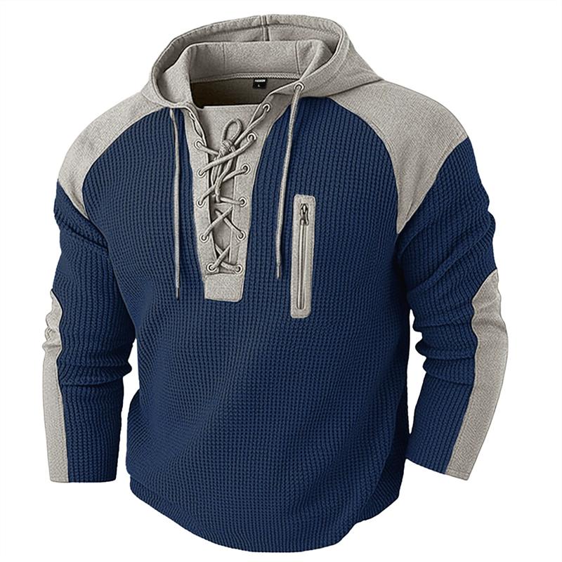 Spring Autumn Casual Men's Waffle Patchwork Hoodies Vintage Contrast Color Hooded Sweatshirts Men Fashion Sports Hoodie Men