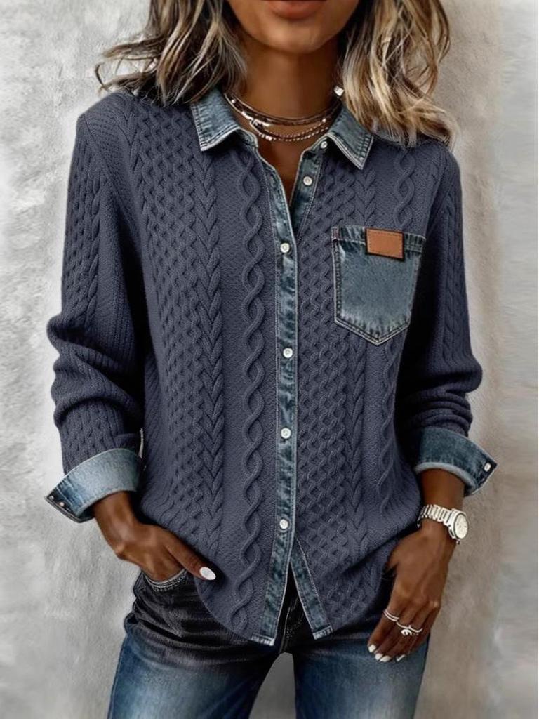 2025 European Style Women's Knit Patchwork Denim Cardigan - Versatile Long Sleeve for Autumn/Winter Fashion.