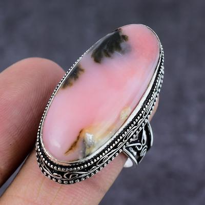 Natural Pink Opal Gemstone Handmade 925 Sterling Silver Jewelry Ring Size 7 u8M85