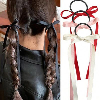 2 Stück/Set Lange Bänder Kleine Schleife Pferdeschwanz Haarseil Haargummis Einfarbig Haarkreis Haaraccessoires