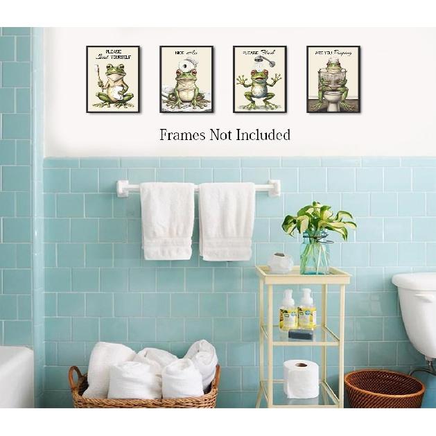 Funny Frog Bathroom Wall Art, Set of 4 Unframed 8x10 inch Posters