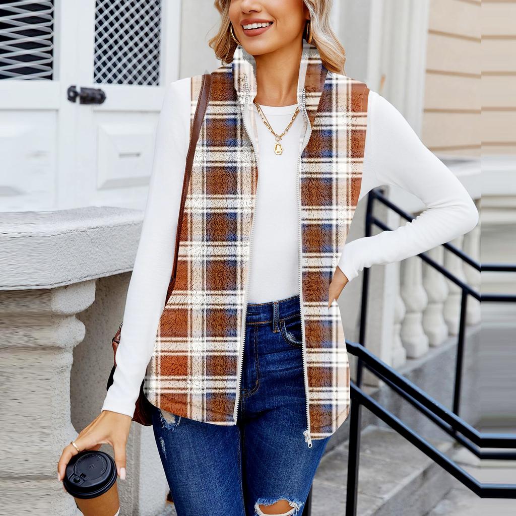 Women's Checked Print Fashionable And Warm Fleece Cardigan Vest Jacket
