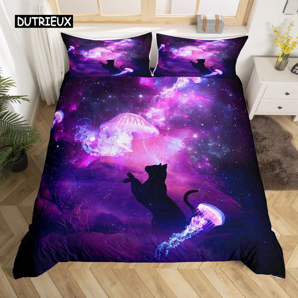 Σετ Παπλωματοθήκης Μέδουσας Μωβ Γαλαξίας Φωτεινό Σετ Κλινοσκεπασμάτων Μέδουσας Σύμπαν και Θαλάσσια Πλάσματα 2/3 τεμ. Κάλυμμα Πάπλωμα για Παιδιά