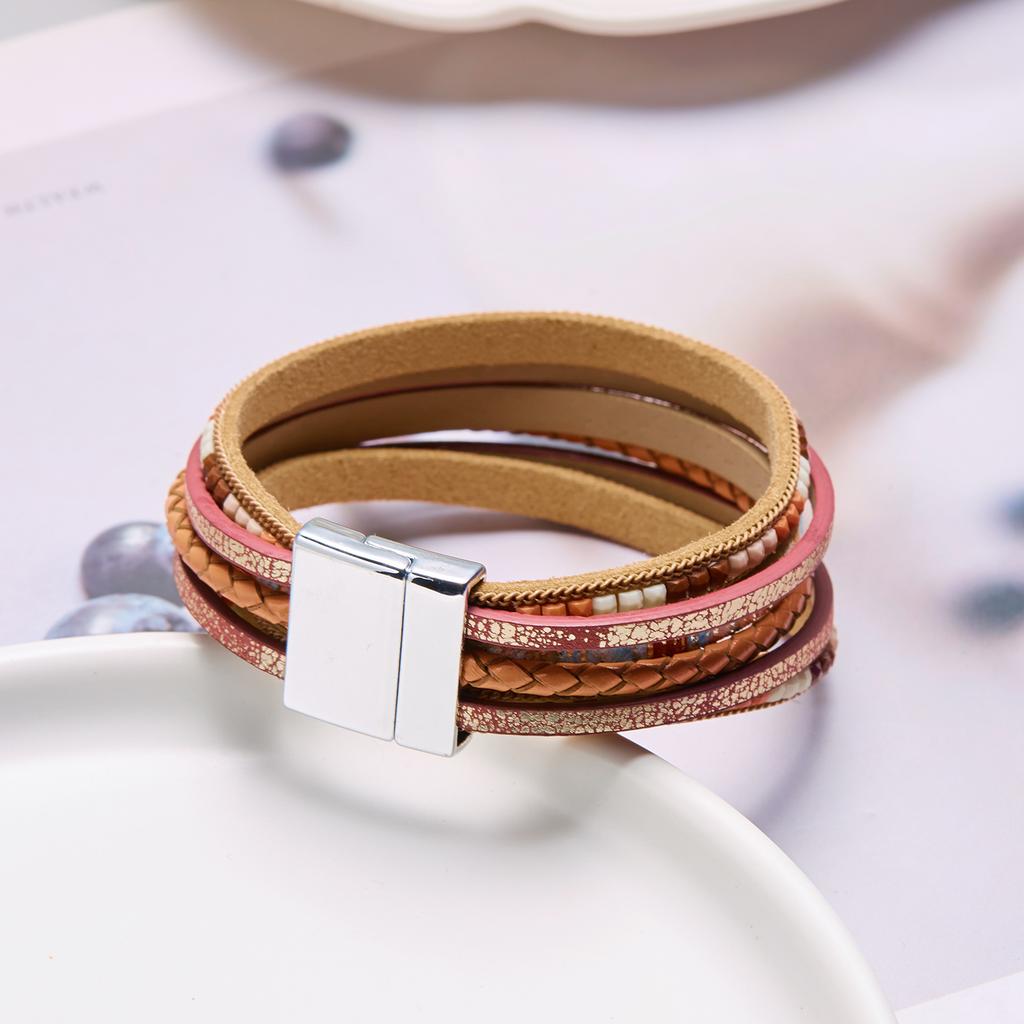 Multilayer Brown Leather Bracelet For Women Fashion Creative Bohemian Handmade Woven Magnetic Clasp Bracelet Jewelry Gift