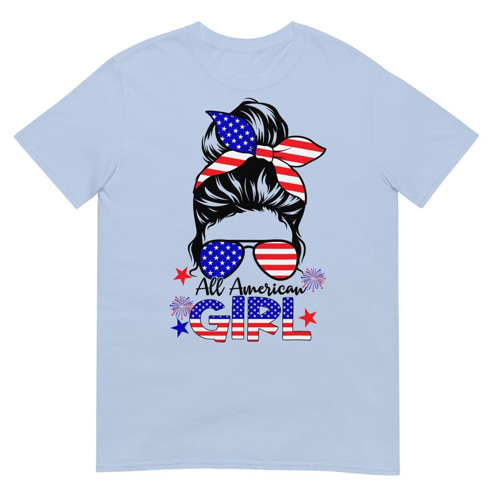 4th Of July All American Girls Messy Bun TShirt S