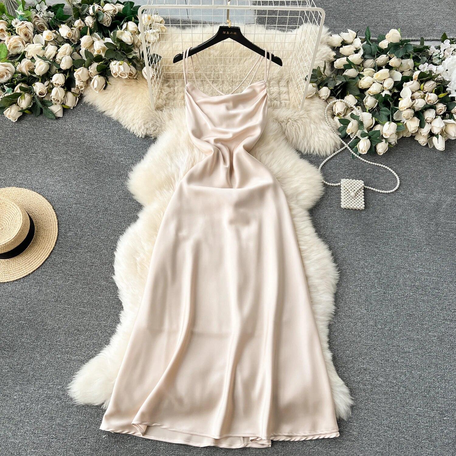 

Летнее офисное платье, элегантное платье на бретелях, женское корейское модное вечернее платье миди, женское дизайнерское повседневное цельное платье, новинка 2024 года L абрикосовый