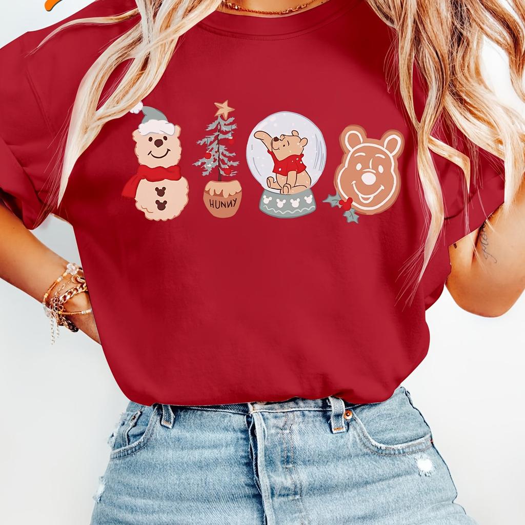 Christmas Tshirt with Winnie The Pooh Gingerbread Unisex SnowUnisex and Christmas Tree Designs Round Neck Casual