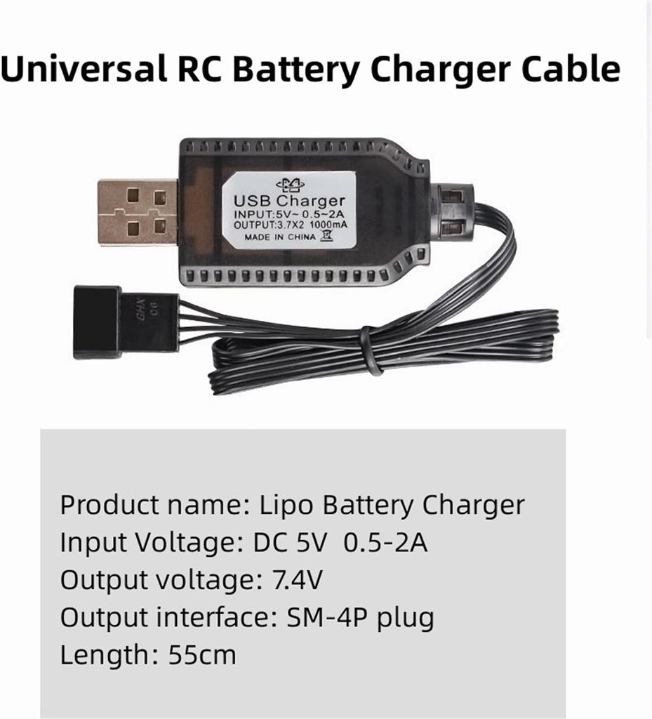 Universell USB-lader for 7,4V 2S LiPo-batterier – SM-4P-kontakt – For RC-bil/drone/båt – Overladingsbeskyttelse og ladeindikator