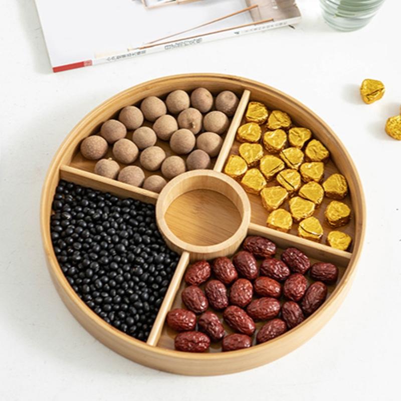 Bamboo Divided Serving Tray with Clear Acrylic Lid Dried Fruit Storage Box 4 Grid Nuts Platter Snack Candy Plate Container