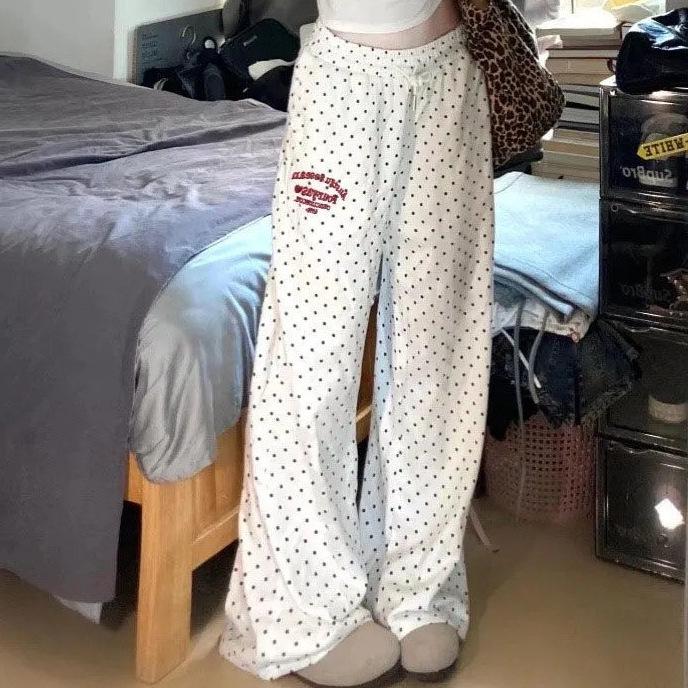 Women's High-Waist Polka Dot Wide-Leg Embroidery Pants - Casual Spring/Summer Straight-Leg, Loose-Fit, Slimming Style.