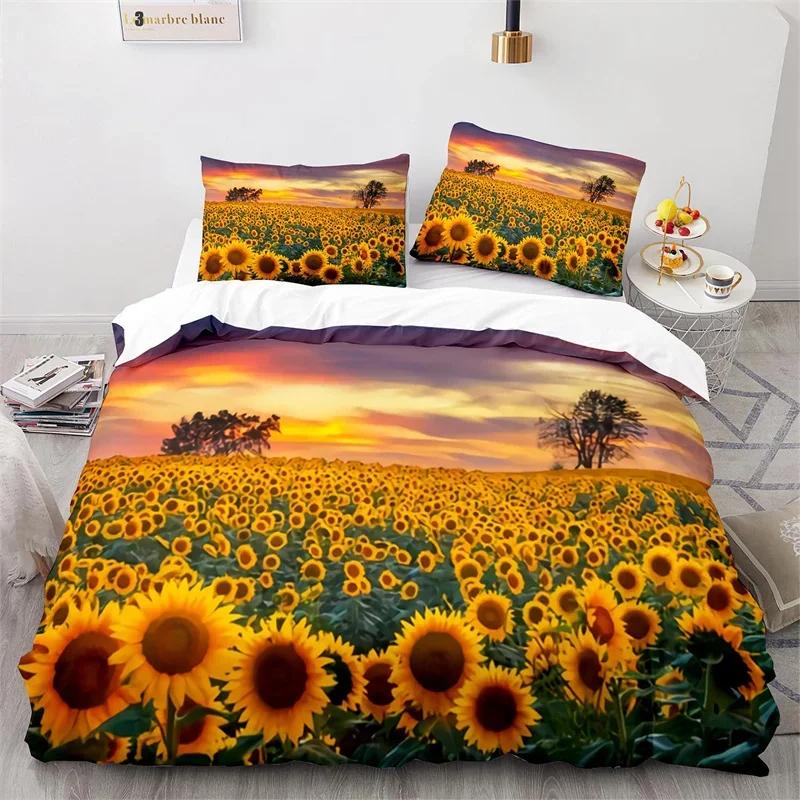 Sunflower Duvet Cover Botanical Floral Comforter Cover King Queen Twin for Kids Girls Room Microfiber Yellow Flowers Bedding Set