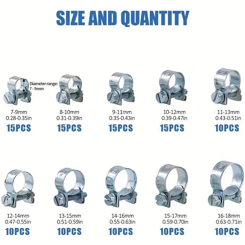 120pcs 7-18mm Mini Clamp Fuel Injection Hose Air Hose Clamps Assortment Kit Diesel Petrol Metal Pipe Clips Assorted Kit