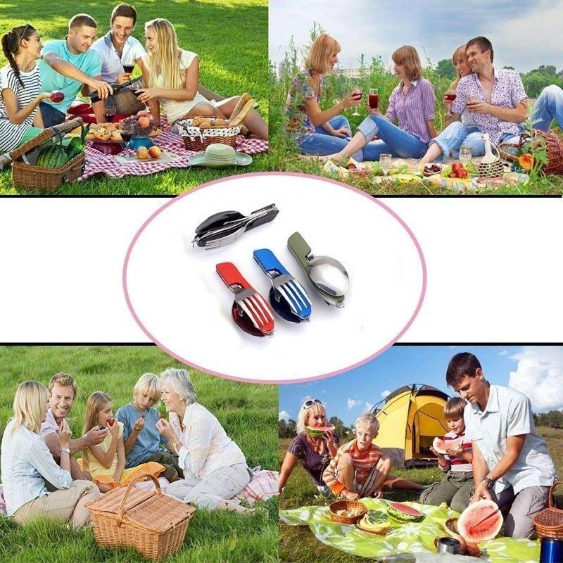 Multifunction 4 In 1 Outdoor Tableware Camping Stainless Steel Folding Pocket Kits