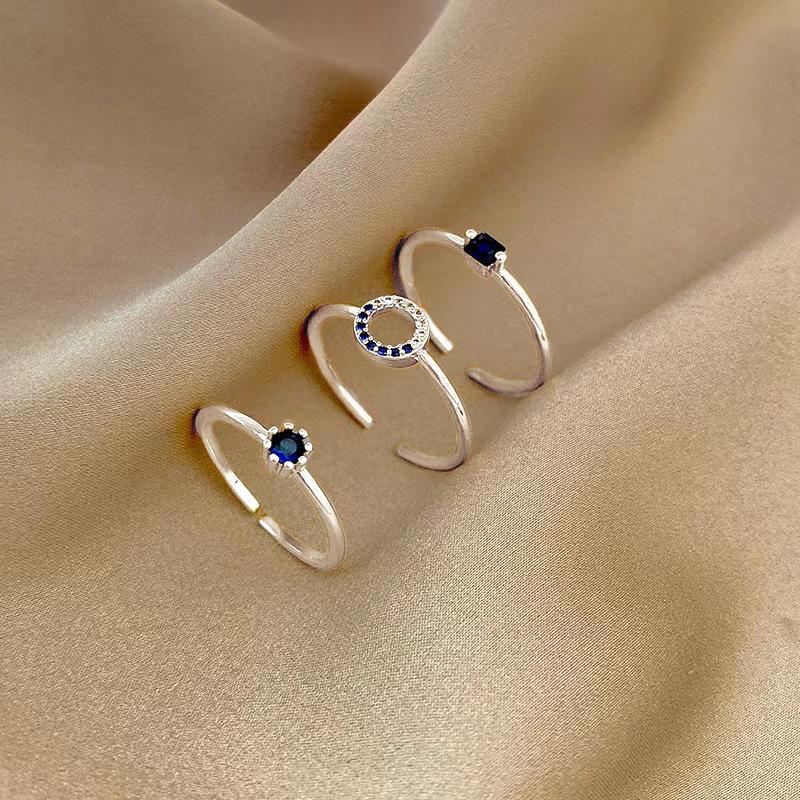Niche Temperament Retro Blue Zircon Ring Women'S Simple High-End Stacked Three-Piece Open Ring