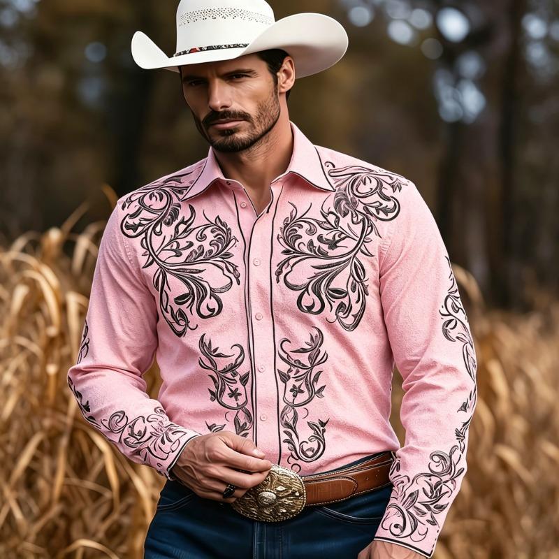 Retro Western Style Men's Long-Sleeved Baroque Floral and Vinyla Print Rural Ranch Versatile Casual Top