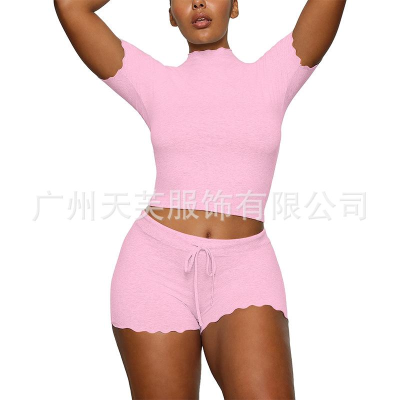 Modal! 2026 summer European and American cross-border women's clothing slim-fitting semi-turtleneck stand-up collar short-sleeved T-shirt shorts suit 