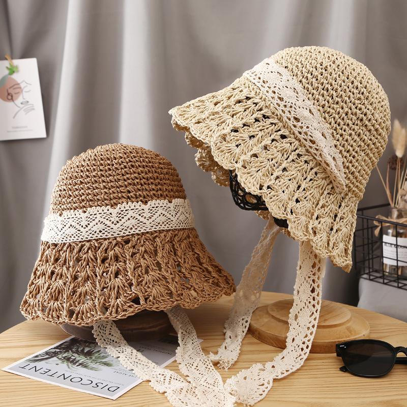 Women Summer Crochet Straw Hat Hollow Out Larger Brim Fashion Lace-UP Bucket UV Protect Foldable Beach Sun Cap