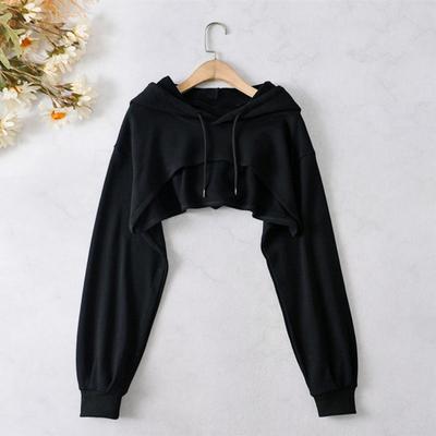 Short Hoodie Irregular Solid Color Hooded Long Sleeves Drawstring Elastic Cuff Loose Individual