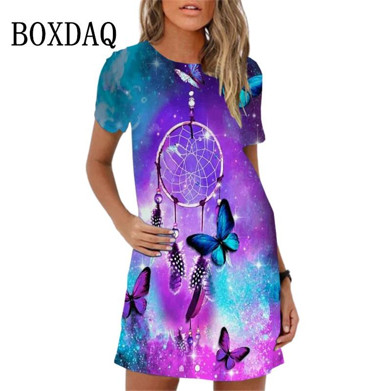 New Summer Sundress Sweet Elegant Purple Butterfly Print Mini Dress For Women Short Sleeve Loose Casual Mini Dress Oversize