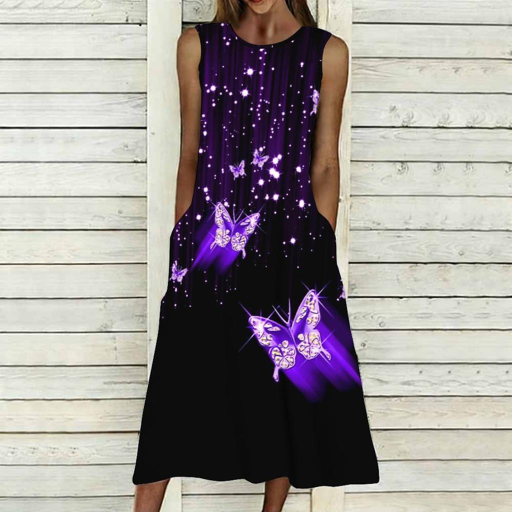 Ladies Oversized Sleeveless Crew Neck Dress Delicate Clustered Wild Flowers Loose Mid Length Dress