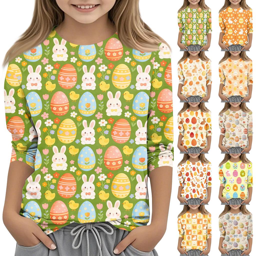 Haut décontracté pour enfants à manches sept-quarts, imprimé Pâques, col rond, imprimé