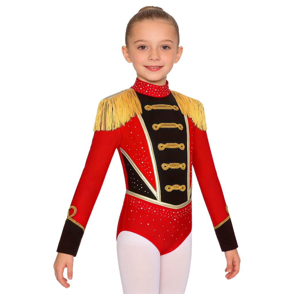 Leotard da Circo per Bambina Strass Manica Lunga Spalline Frangiate Tinta Unita Tuta Costume di Carnevale