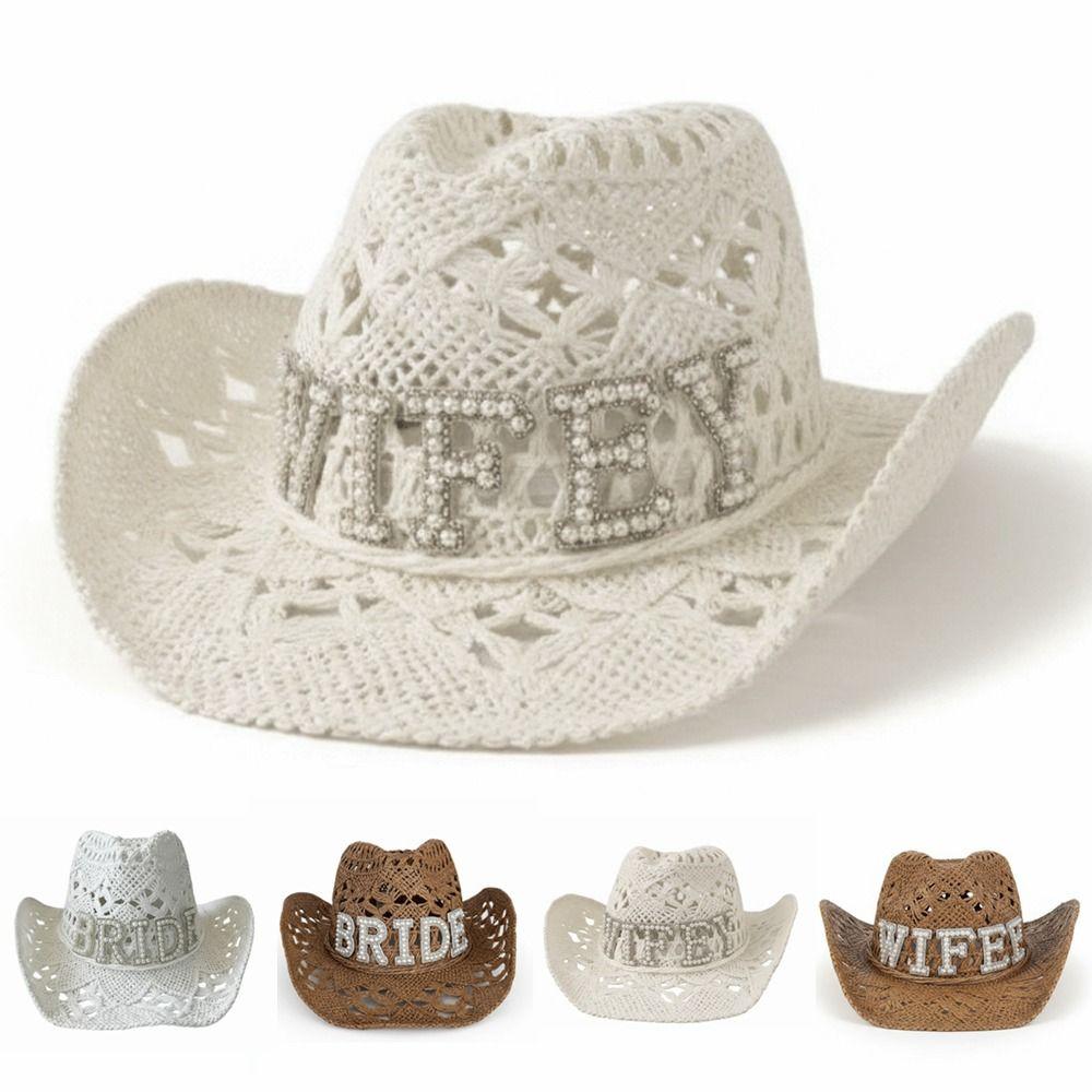 Crochet Western Cowboy Hat Hollow Jazz Hat Fashion Bride Wifey Cowboy Hat  For Wedding Bridal Party