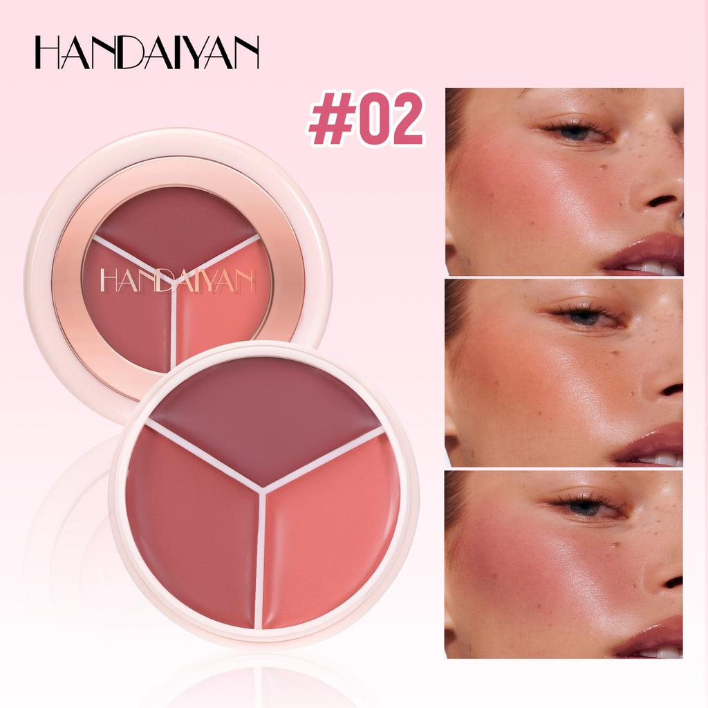 HANDAIYAN Tri-Color Blurring Blush Palette Matte Cream Blush Mud Natural Soft-Focus Long-Lasting Waterproof Face Makeup Cosmetics