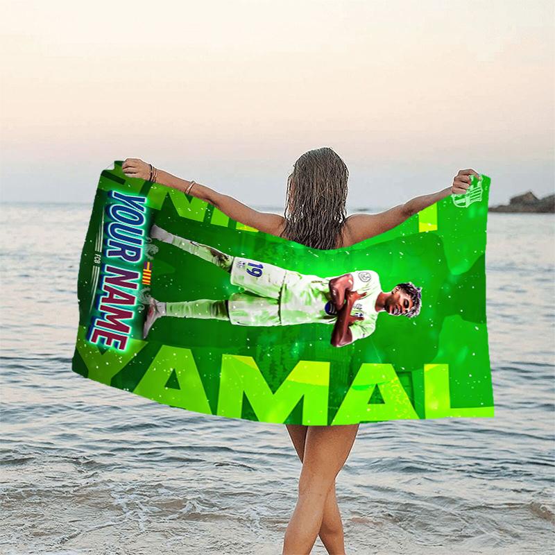 1pc Lamine Yamal Beach Towel with Custom Name, Beach and Seaside Swimming Pool Equipment, Fashion Pattern, Rectangular, Travel Essential