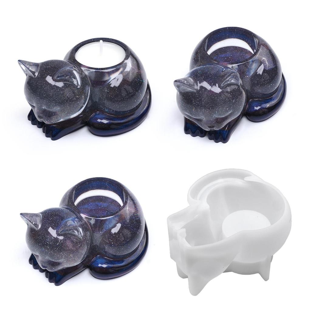 1PC Diy Crystal Dropper Resin Cat Candle Holder Animal Ornament Mirror Silicone Mold