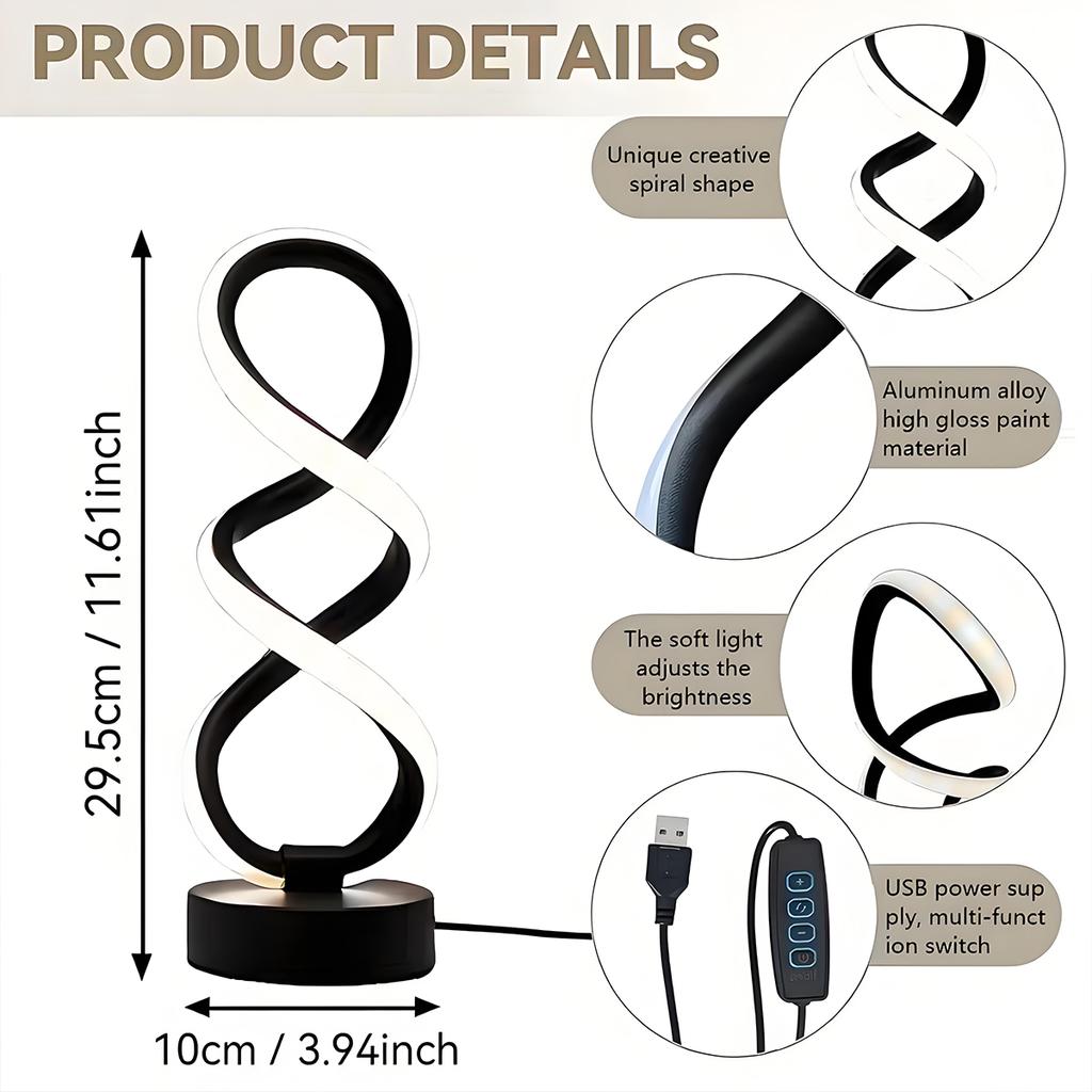 1pc Modern Spiral LED Bedside Table Lamp, 3‑Color Dimmable Ambient Night Light, Desktop Decor Ornament, Holiday Gift Choice