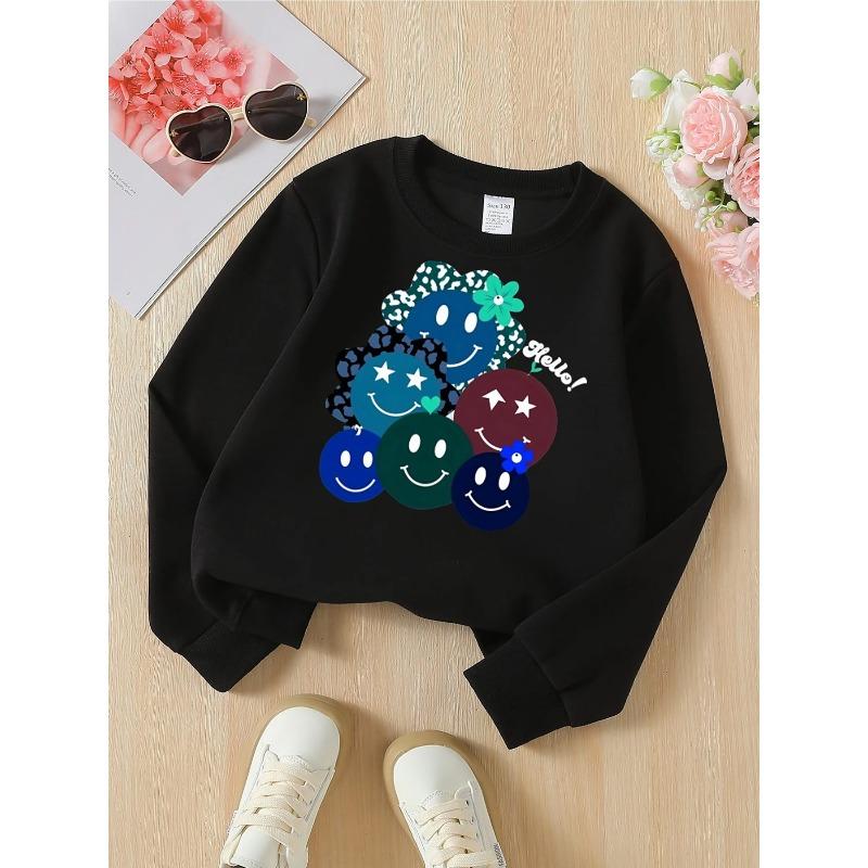 joyful Faces Hello Flowers Pattern Girls' Fashionable Crewneck Sweatshirt, autumn and winter Western style top