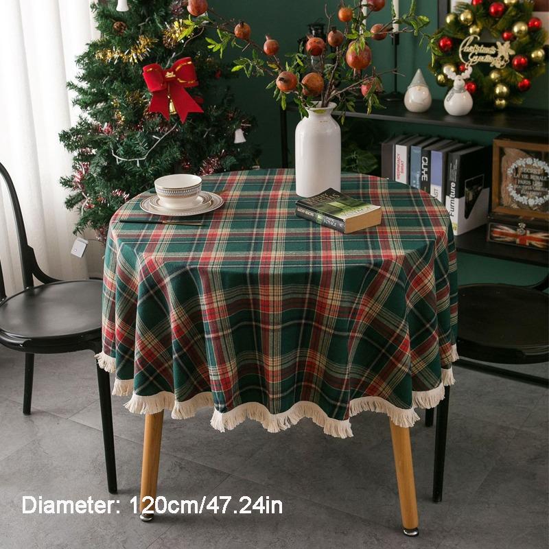 Christmas Plaid Pattern Tablecloth Pastoral Style Round Retro Luxury TableCloth with Tassel Holiday Party Table Cover Home Decor