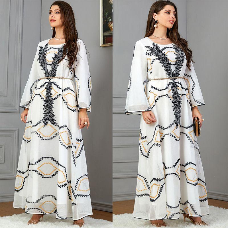 

Индонезия Ближний Восток Саудовская Аравия круглый вырез марлевая вышивка аппликация арабское вечернее платье длинные рукава халат платье White 2XL
