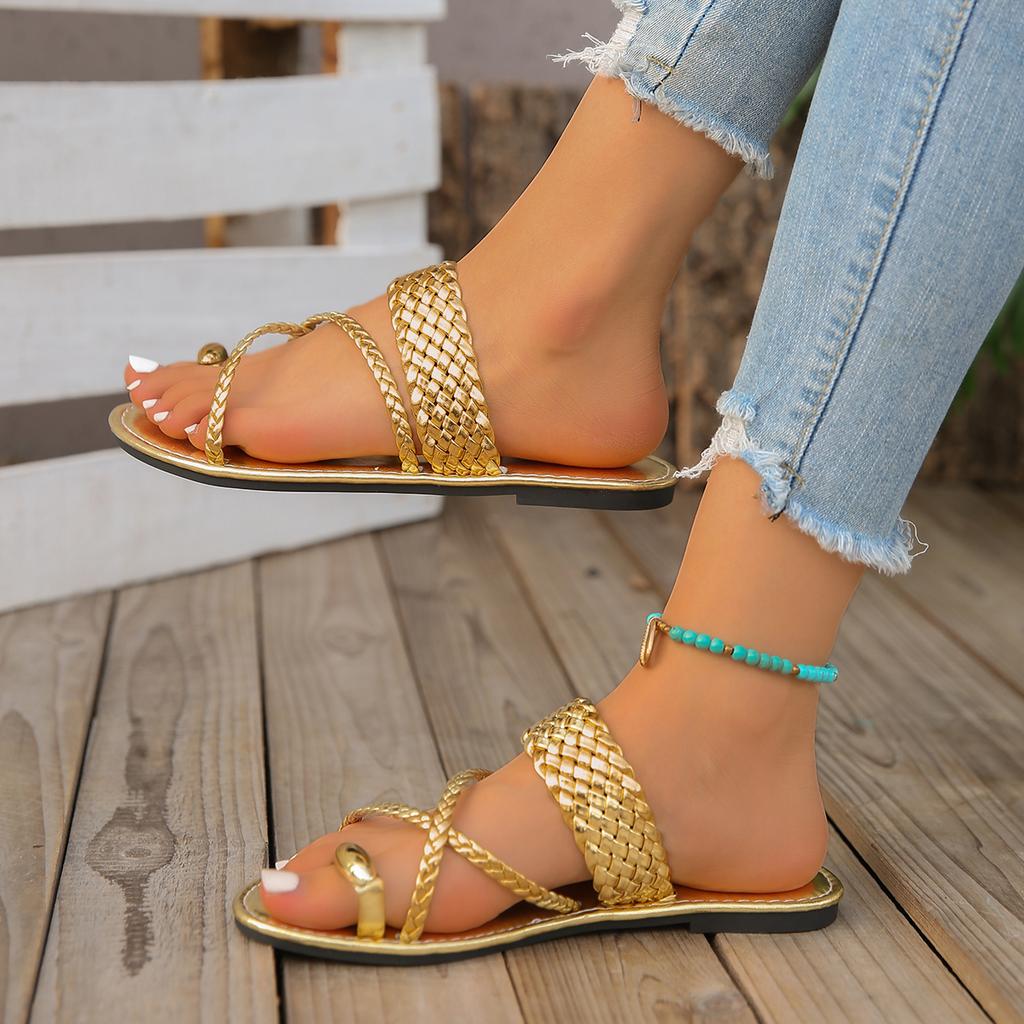 Fashion Women Slippers Fashion Gold Clip Toe Sandals Women Summer Flat Heels Beach Flip Flops Woman  Lightweight Slippers Slides Women