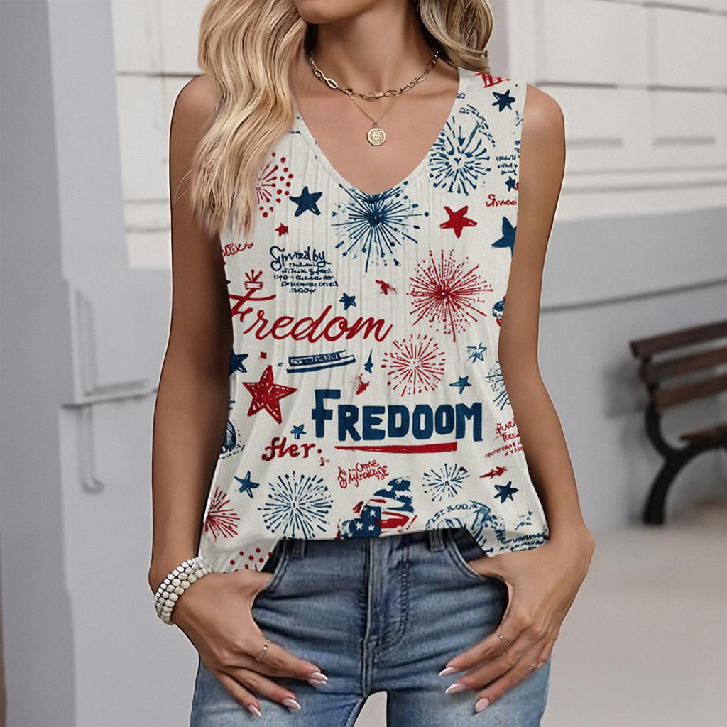 Damenmode Lässig Amerikanische Unabhängigkeitstag Flagge und Sterne Aufdruck V-Ausschnitt Rüschen Ärmellos Weste T-Shirt Top