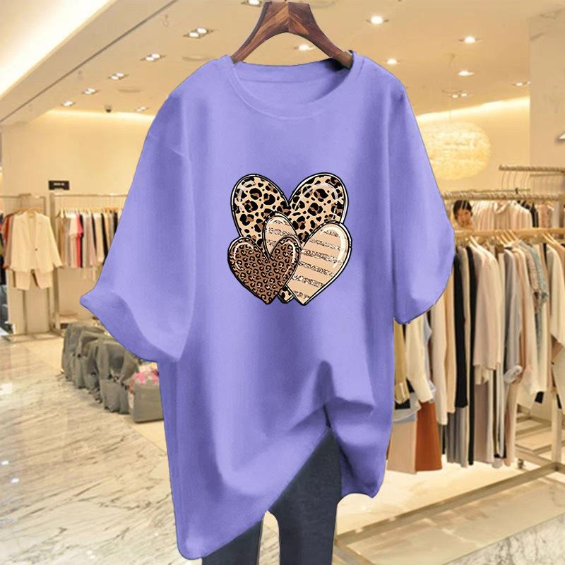 Cotton love print t-shirt women's summer fashion crew neck top large size women's clothing