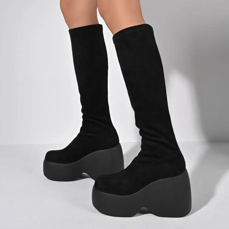 Winter New Skinny Plus Size Stretchy Socks Boots Super High Heel Platform Cow Suede Fashion Tall Boots