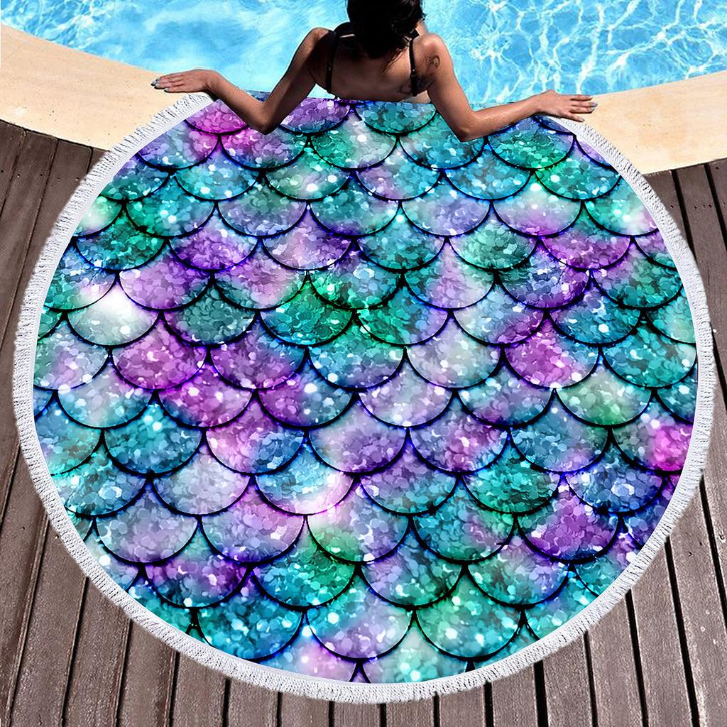 Mermaid Scales Round Beach Towel Circle Beach Blanket Soft Polyester Pool Towels Absorbent Quick Dry Sand Free Picnic Yoga Mat