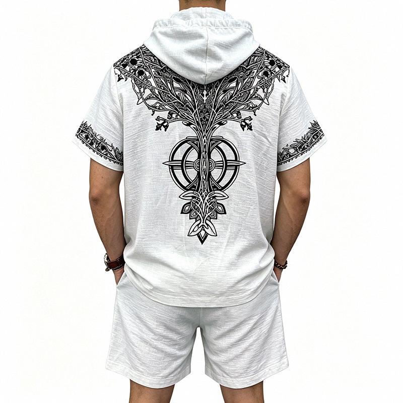 Men's European and American Casual Breathable Bamboo-Linen Hooded Shorts Set