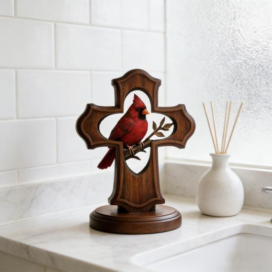 Red Bird Crucifix Figurine Handcrafted Resin Tabletop Ornament with Crimson Color And Olive Branch Design Religious Christian Gifts for Women Men