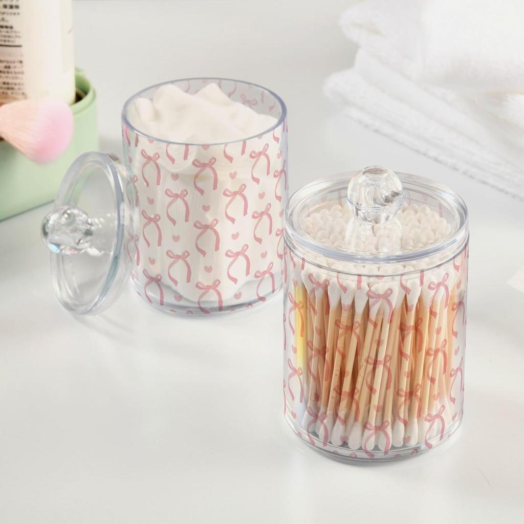 Gredecor 2 Pack Qtip Holder Clear Aesthetic Pink Ribbon Bow Apothecary Jars with Lids Acrylic Bathroom Jars Vanity Countertop Canister Storage