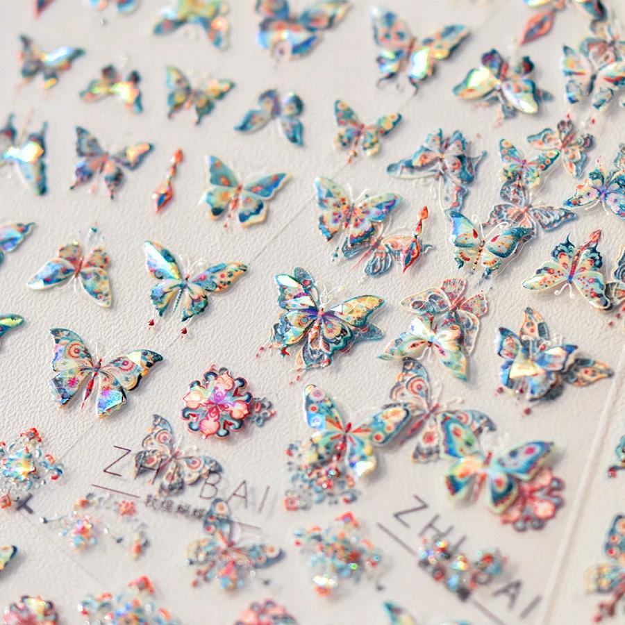 1 Piece 5D Retro Colorful Hand-painted Butterfly Nail Stickers Shell Light Butterfly Rhinestone Soft Relief Nail Art Stickers