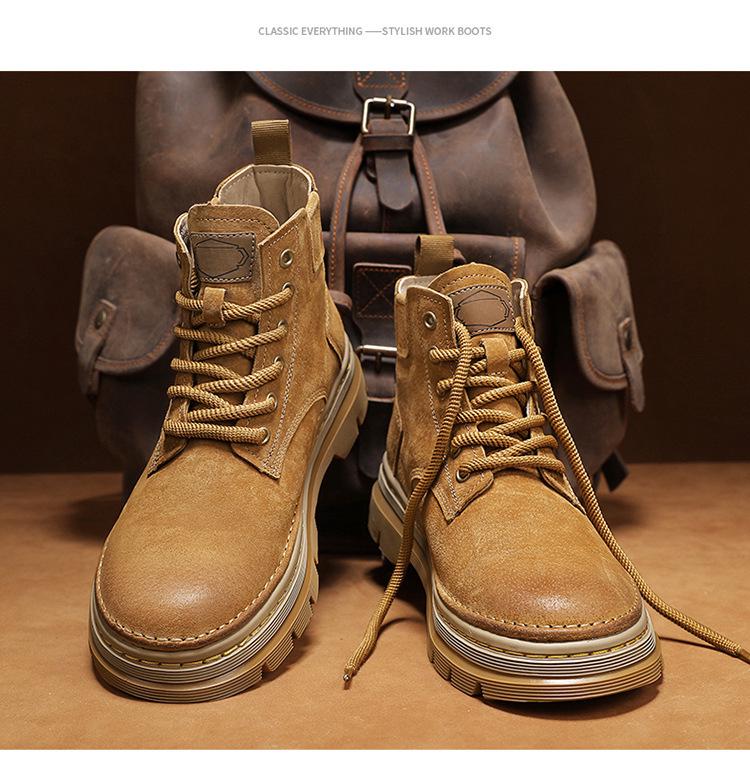 Men's Genuine Leather High-Top Martin Boots - Yellow Retro Winter Snow Shoes with Plush Lining