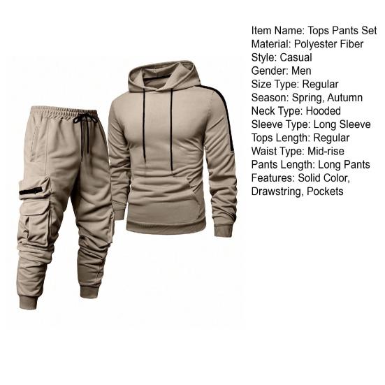 2 Stuks/Set Heren Trainingspak Capuchon Trekkoord Lange Mouw Sweatshirt Multi Zakken Joggingbroek Set Geribde Manchetten Joggingpak