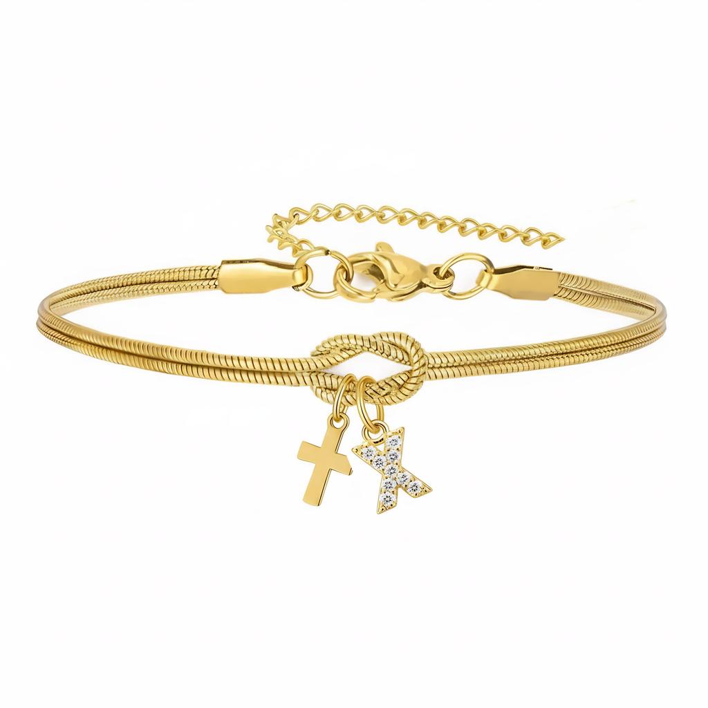 Double Knot Round Snake Bone Bracelet with Diamond 26 Letters Cross Pendant Charm Jewelry