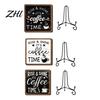 Coffee Sign Wall Decor Wooden Bar with Iron Stand, Vintage Black & White Cafe Artistic Corner Art, Rustic Tabletop or Hanging Frame for Farmhouse