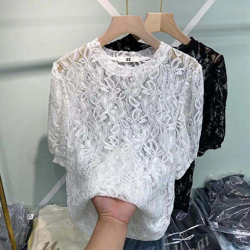 Top Sottogiacca T-shirt da Donna Estiva con Intagli in Pizzo a Maniche Corte