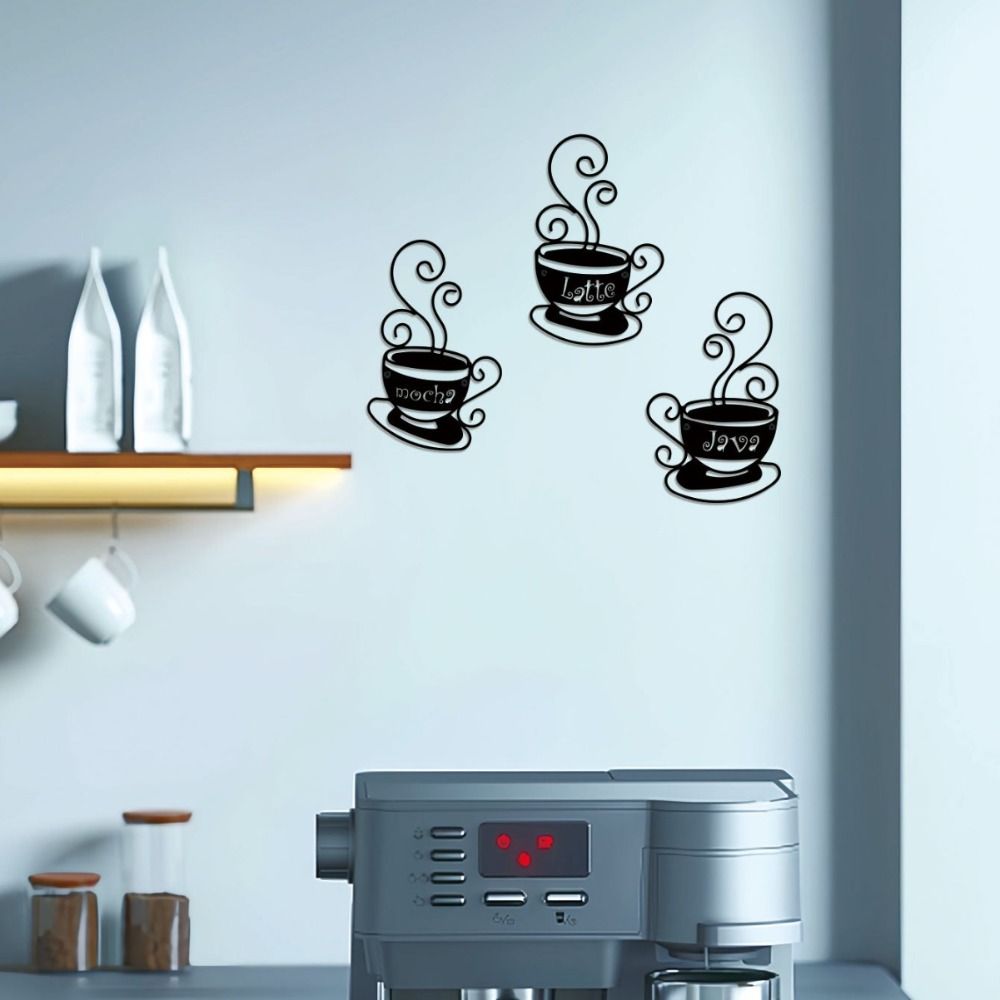 3Pcs Art Wall Hanging Metal Background Pendant Crafts Coffee Cup Wall Decoration Gift